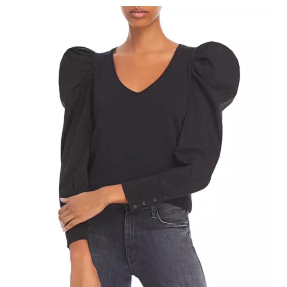 Nation LTD Jenna Jet Black V-Neck Puff Sleeve Wrist Button Detail Tee Blouse S